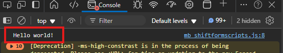 Console log message visible