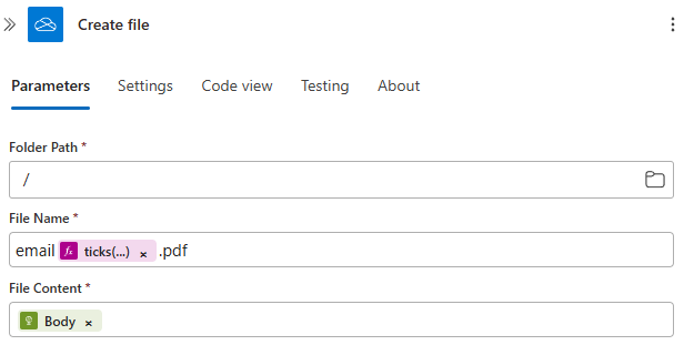 Screenshot of the create file action