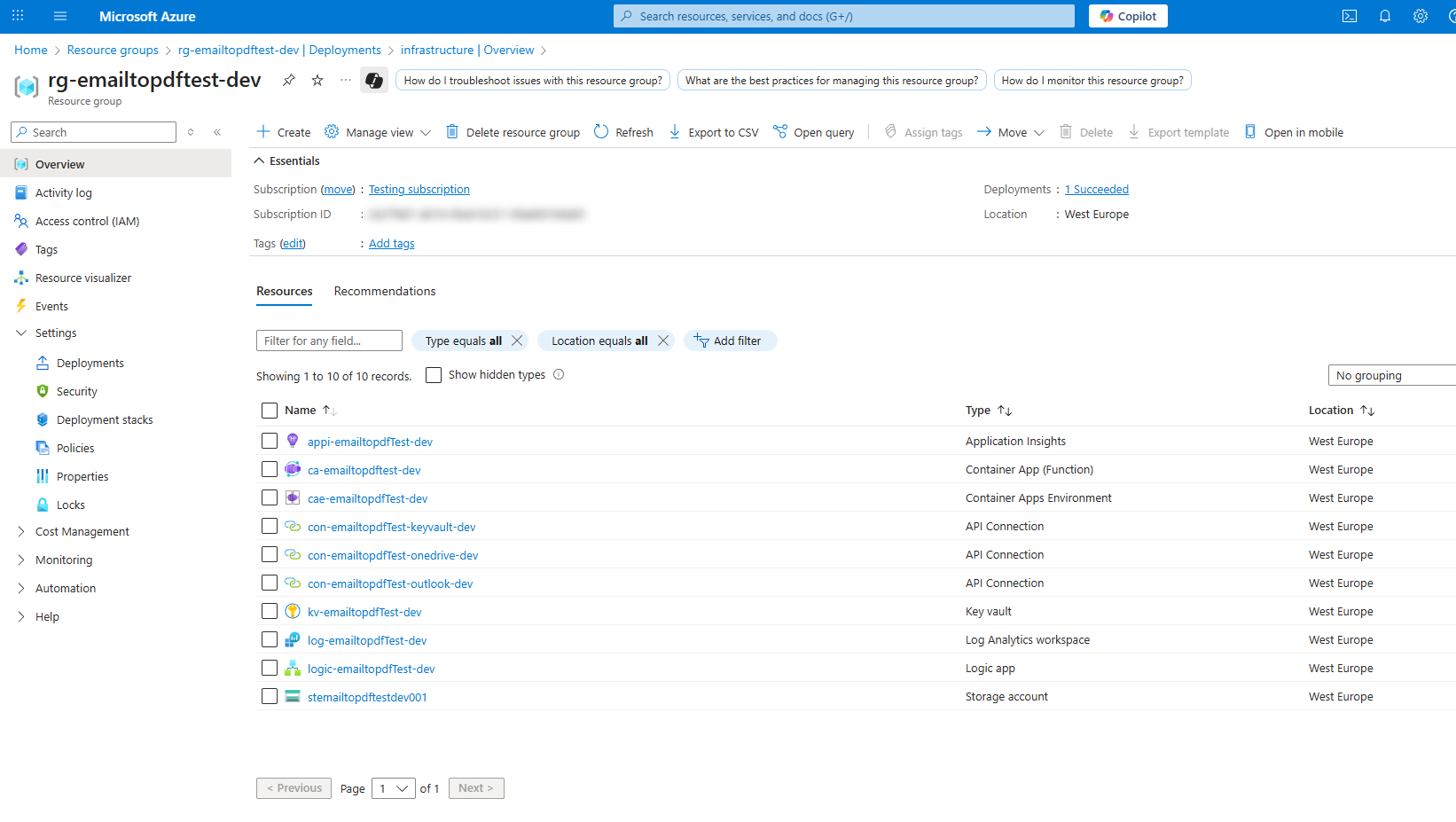 Screenshot of deployed resources in Azure