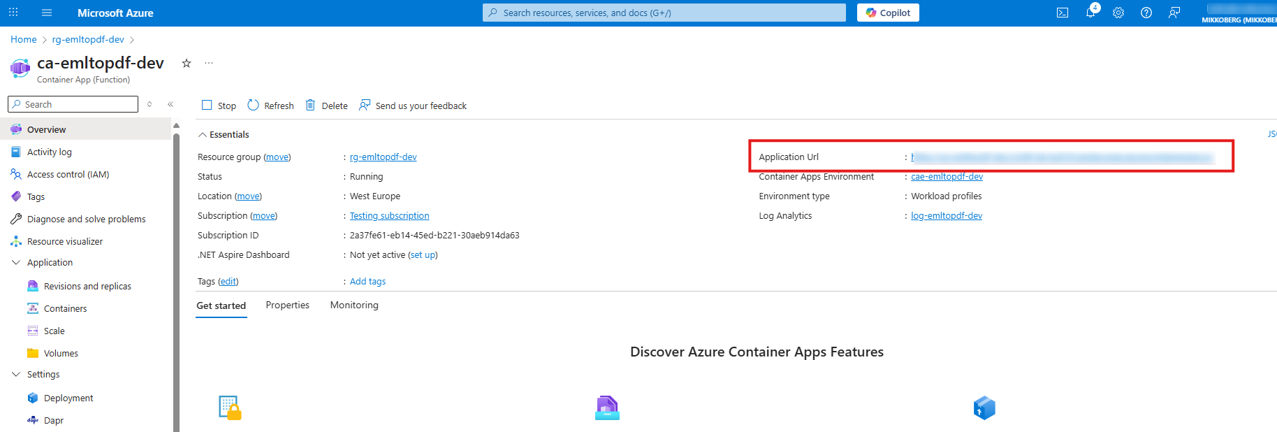 Finding the url for the container app