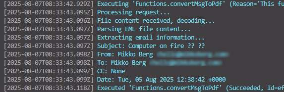 Screenshot of a console logging emails information